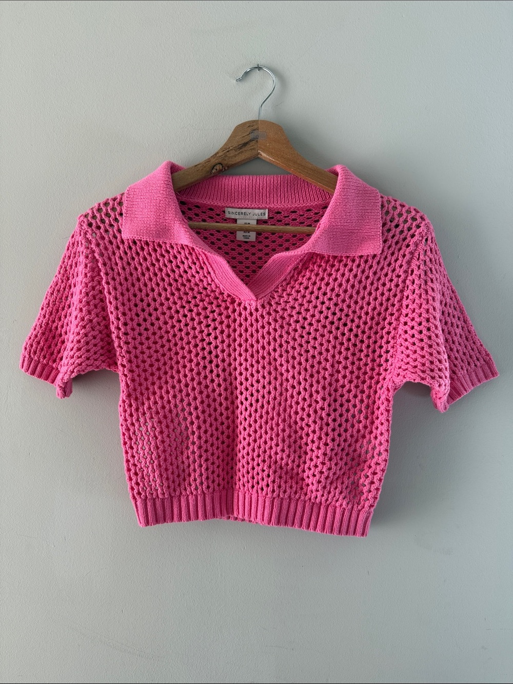 ✨PINK PONY CLUB✨Pink Crochet Short Sleeve Crop Top Size M